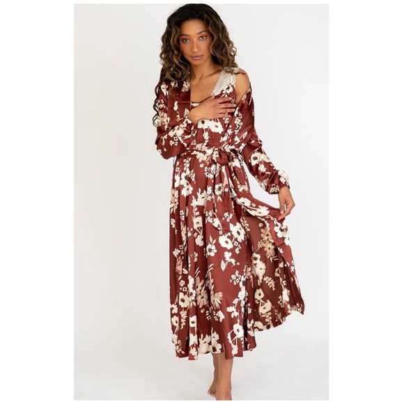 Joyfolie Boho Romantic Cottagecore Chic Satin Pomona Duster Robe Rust Floral XXS - Picture 2 of 13